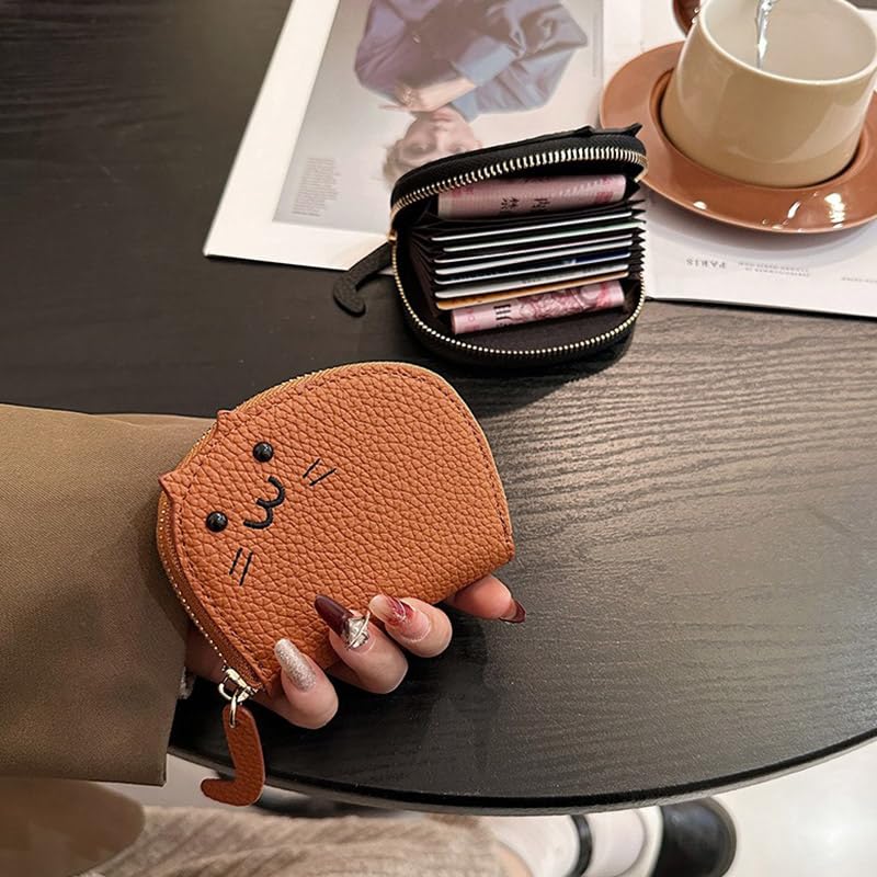 2Pcs Black and Caramel Compact Chic Genuine Leather Cat Design Wallet Secure Zipper Polyester Lined Coin Purse and Sleek Card Holder2