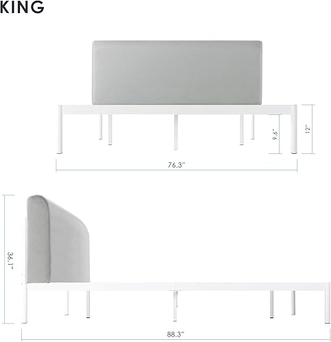 Miniatura 55 de Mellow Maggie - Cama de plataforma de metal con cabecera tapizada con cojín, listones de acero, fácil montaje, gris cielo, tamaño Queen Gris (Sky