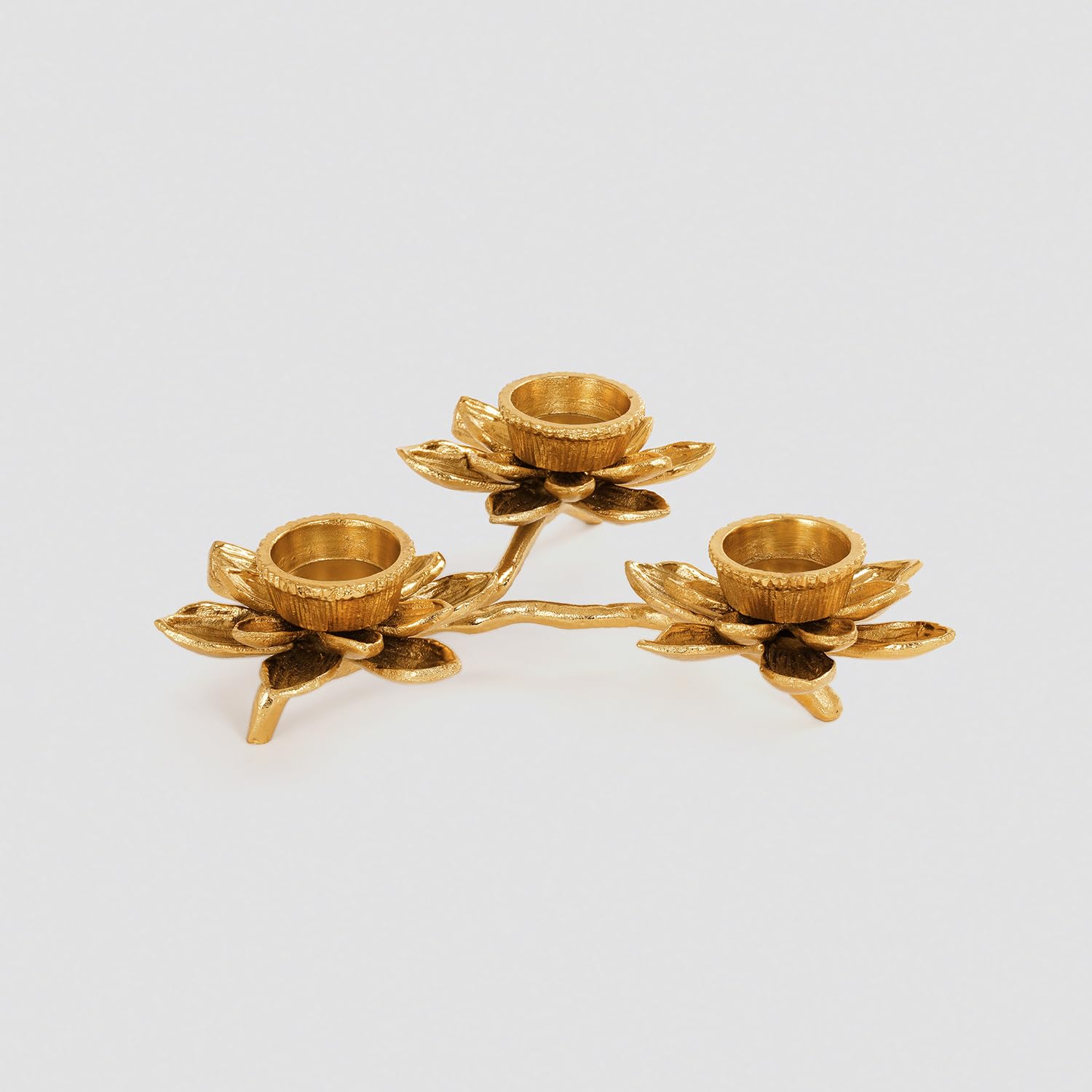 Pure Home + Living Gold 3 Arm Flower Candle Holder for Home Office Living Room Indoor Garden Dining Centerpiece Decoration and for Diwali Decor (Pack of 1) 1