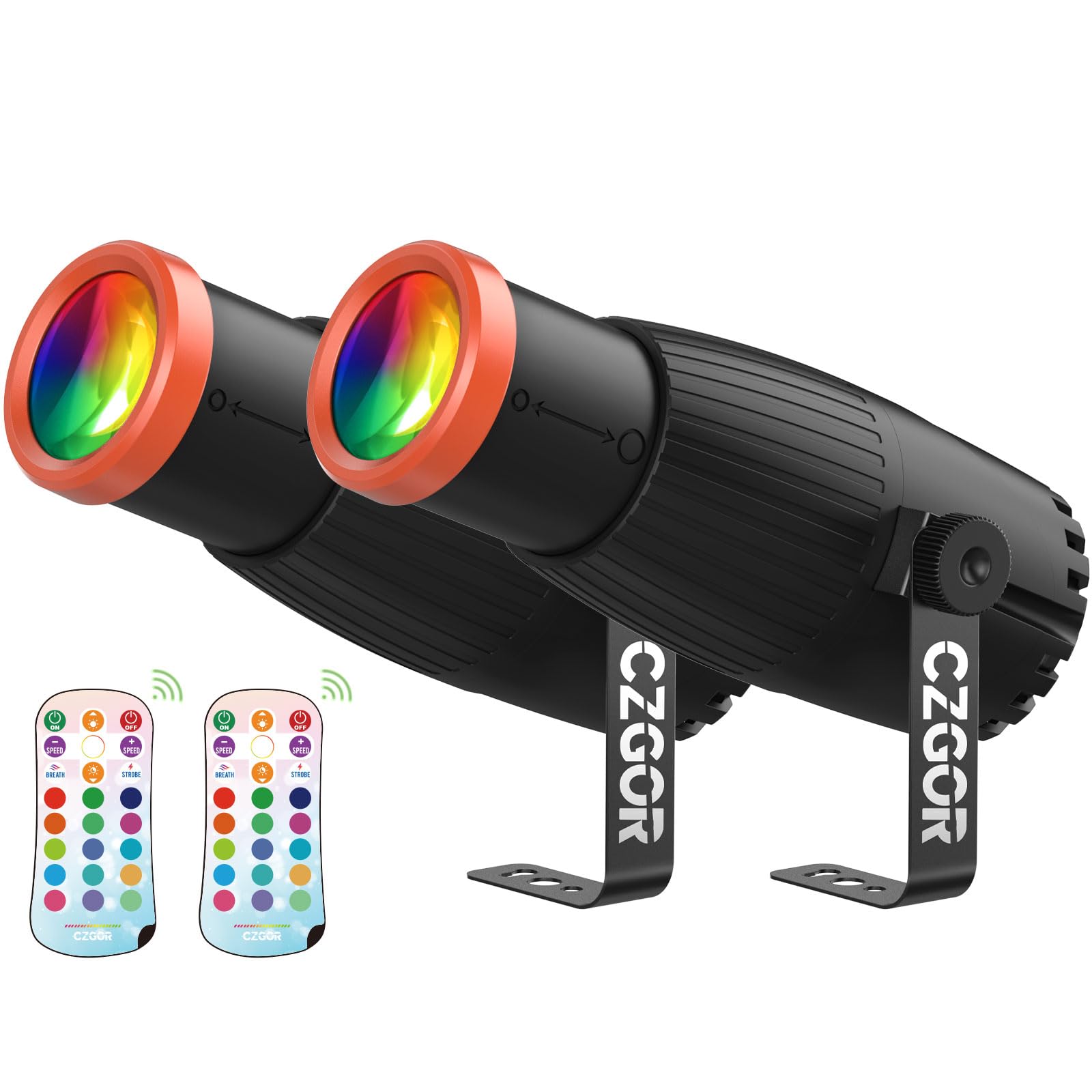 Pinspot LED Luce, Czgor 18W RGBW 4 in 1 Luci Spot con telecomando, Fuoco Manuale Palla Disco Spotlight, Super Luminoso con Colonna Guida Luce, Palcoscenico Illuminazione per Disco Party, 2 Pack