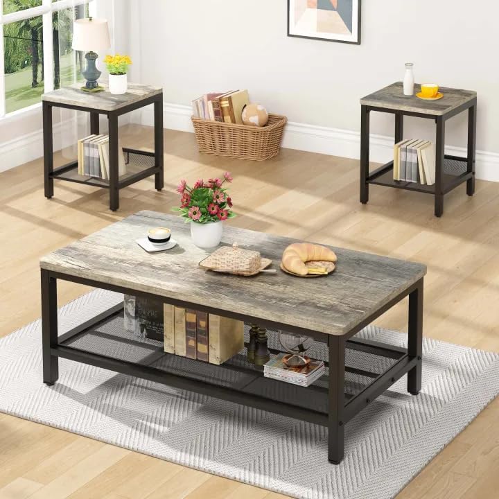 Miniatura 7 de Juego de 3 mesas auxiliares industriales con 2 mesas auxiliares cuadradas, juego de mesa de sala de estar moderno, con marco de metal, para