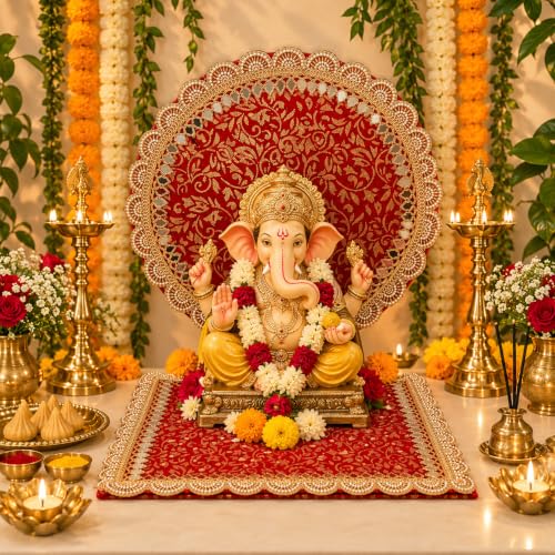 Image of SATYAM KRAFT 1 Pcs Ganpati Singhasan Backdrop Set| Red Gold Mirror Lace Decoration| 31x31 cm Square Round Backdrop with 10x10 cm Clamp| Ganpati Decoration Setup for Home, Ganesh Chaturthi Makhar