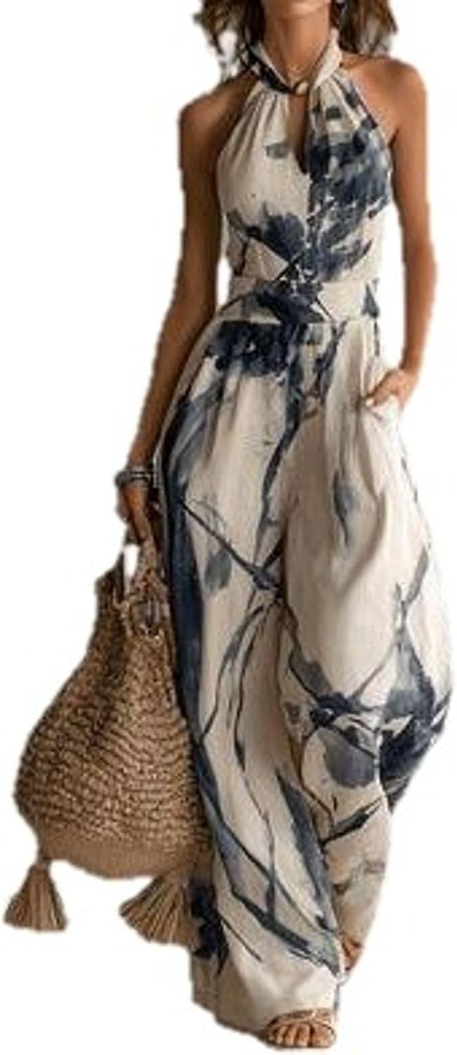 High Waist Jumpsuits for Women Elegant White V-Neck Sleeveless Zip-Up Pleated Wide-Leg Chiffon Jumpsuit Boho One Piece Romper