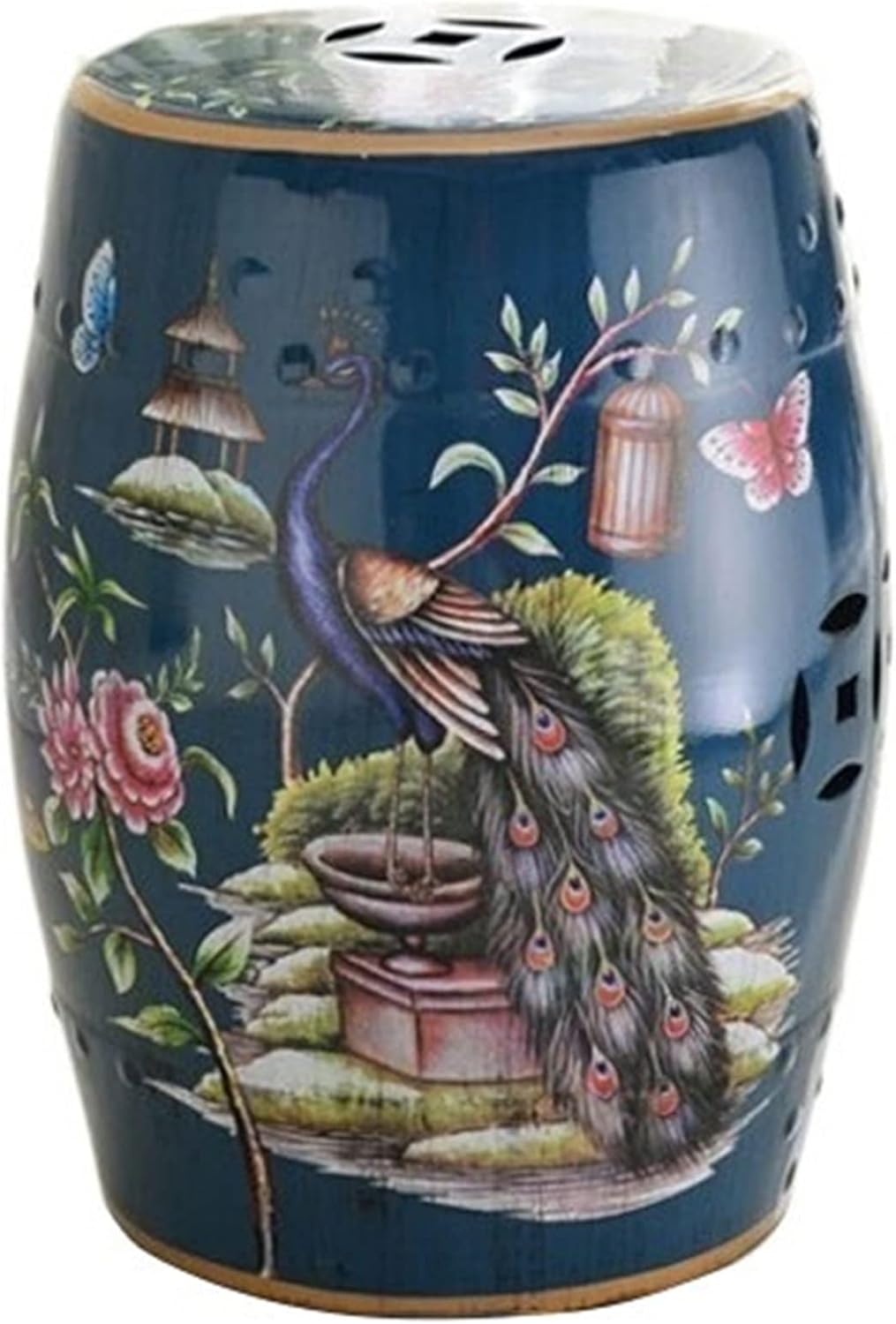 Decorative garden stools, Decorative Ceramic Garden Stool, Glazed Hollow Flower and Bird Changing Stool, Suitable for Living Room, Balcony, Garden, Etc.(Dark blue), HBJJ-987811