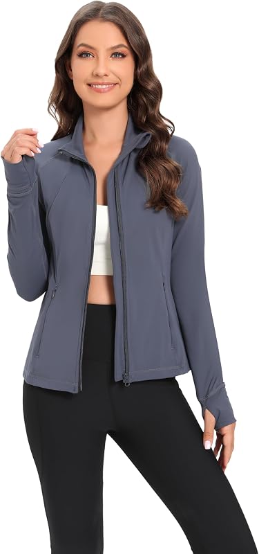 Giacca da corsa leggera da donna, con cerniera intera, per fitness, fitness, yoga, activewear con fori per i pollici