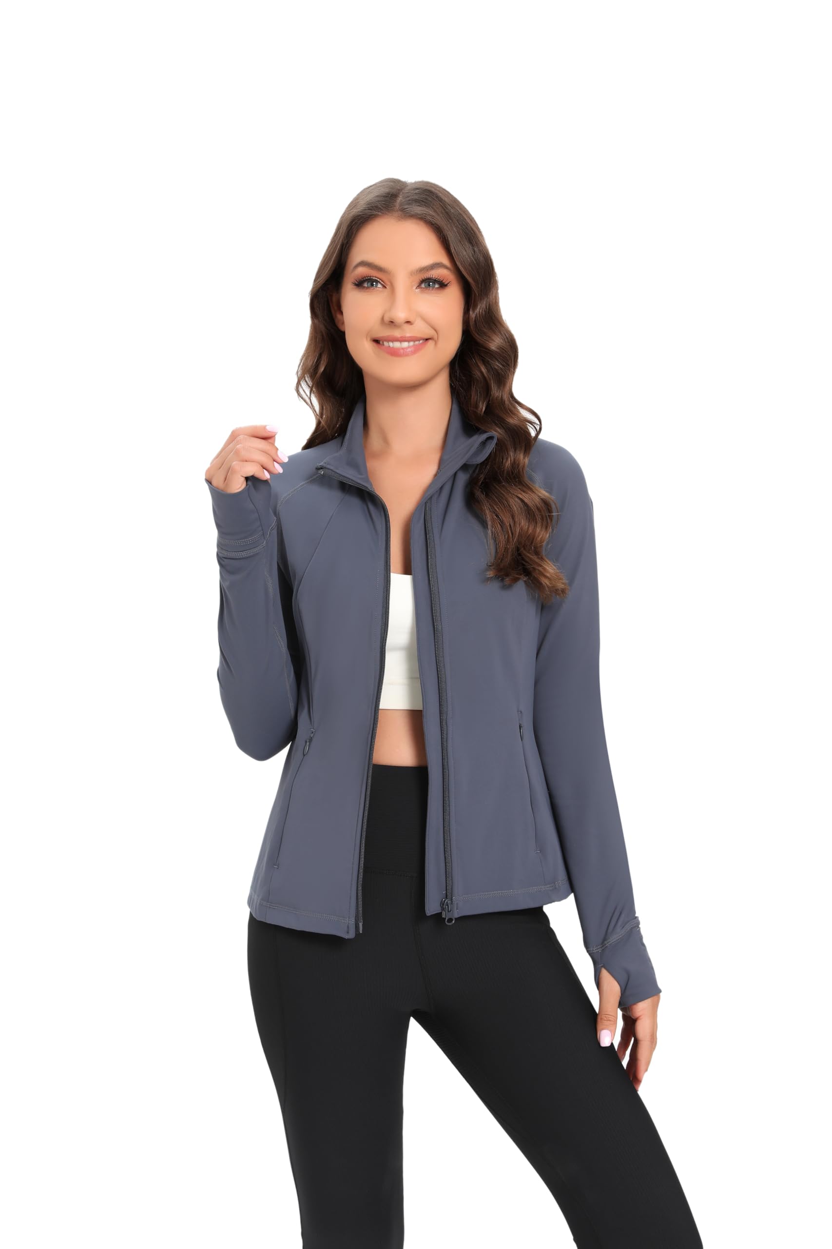 Chaqueta deportiva ligera con cremallera completa para mujer, ajuste delgado, para yoga, con agujeros para el pulgar