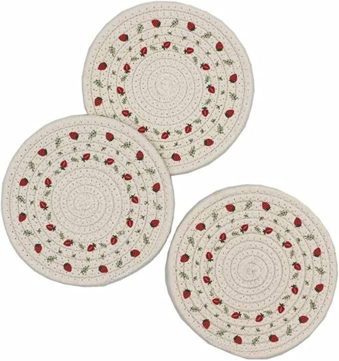 3 Pieces Kitchen Pot Holders Set 100% Cotton Thread Weave, Trivet for Hot Pots and Pans, Hot Pads and Spoon Rest for Cooking and Baking by Diameter 7 Inches (Strawberry)