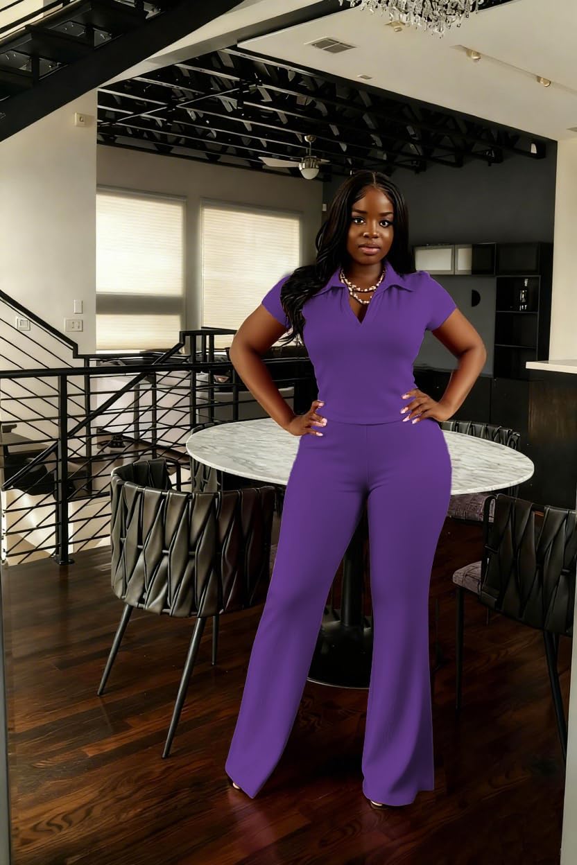 HBQ Women's 2 Piece Outfits Slim Fit V Neck Polo Top Flare Pants Short Sleeve Casual Matching Set - Image 5