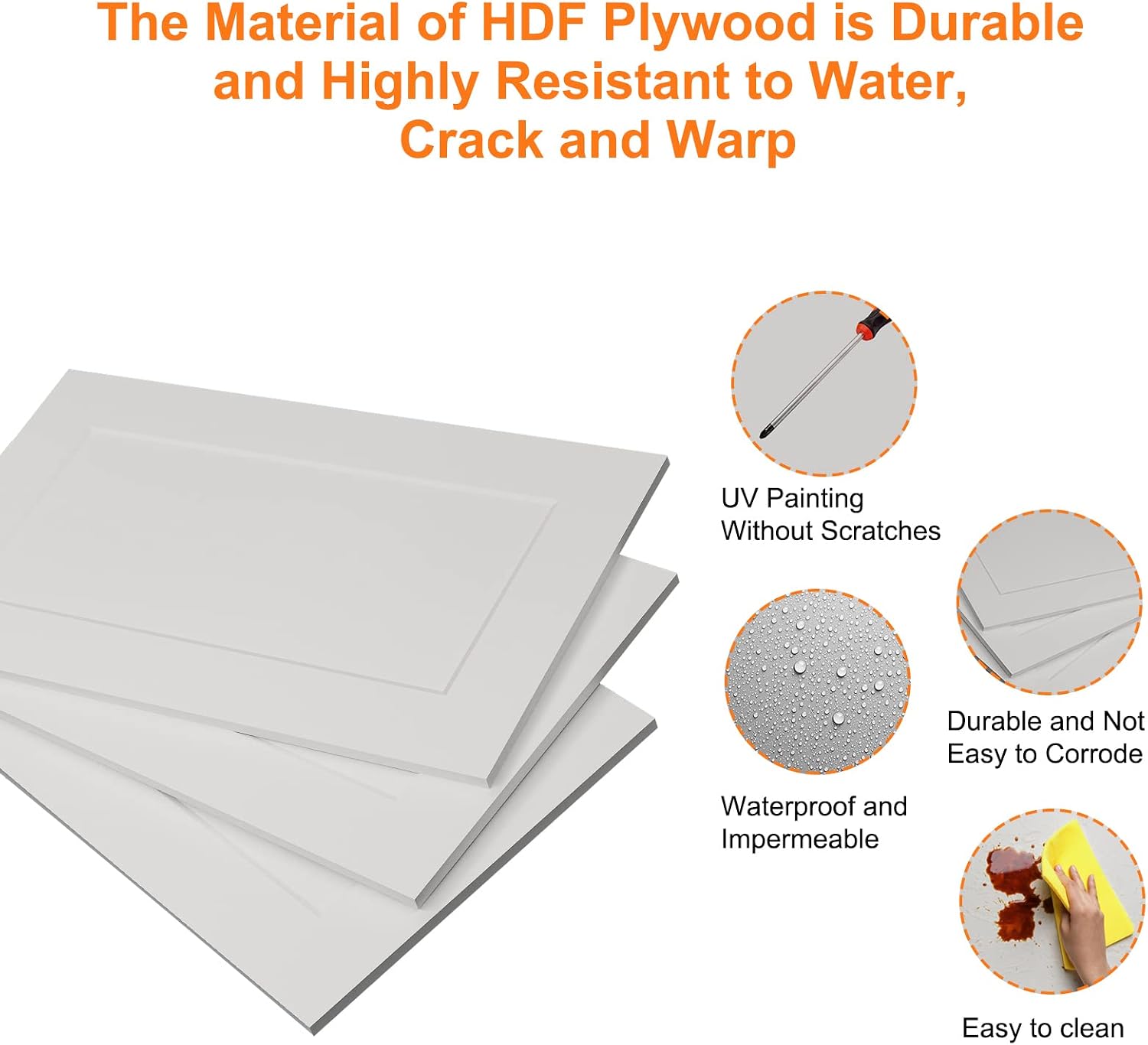 Images illustrating the material properties of the cabinet: UV painting without scratches, durable and not easy to corrode, waterproof and impermeable, and easy to clean.