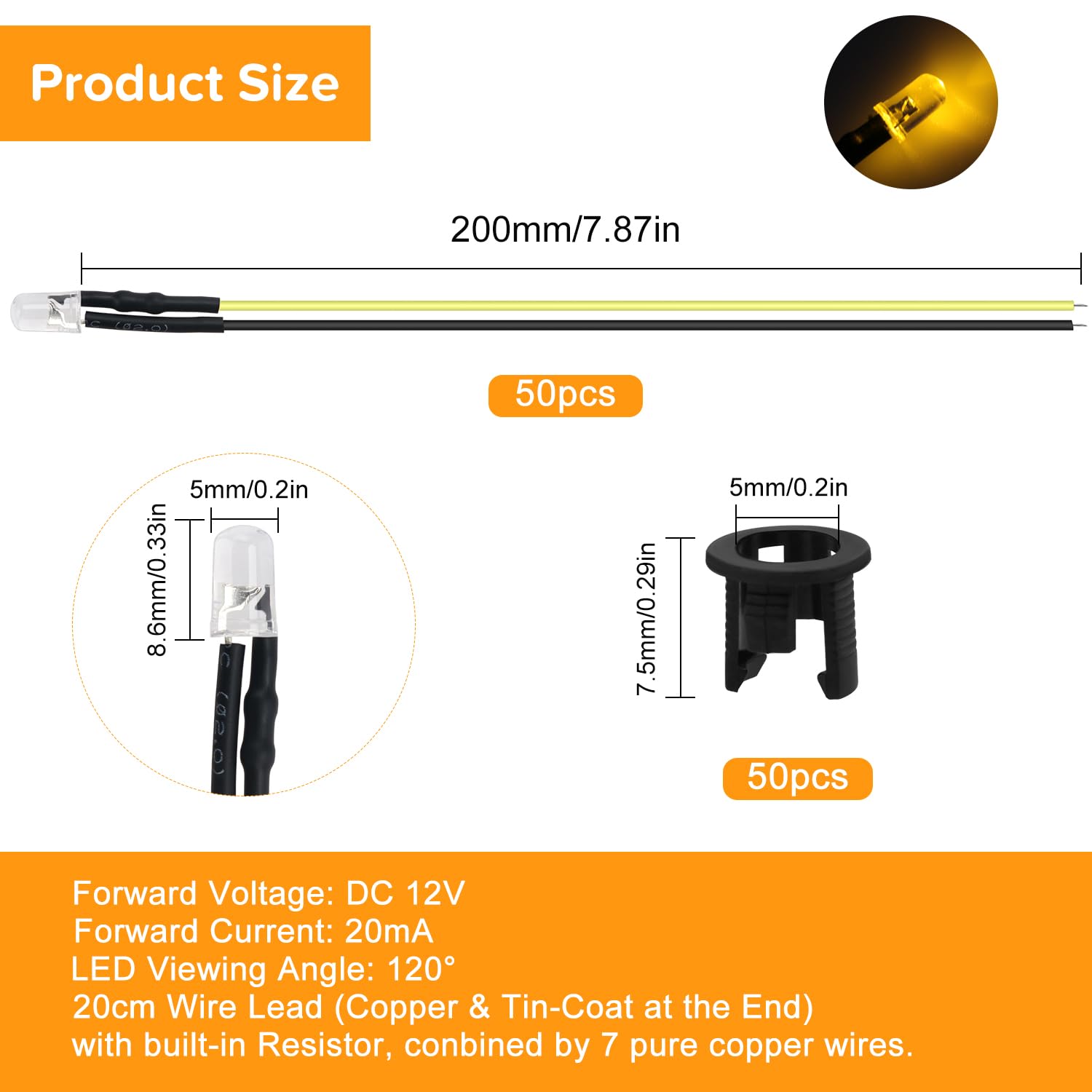 30er-Set 5mm LED-Dioden Warmweiß (12V) Vorverdrahtet + 30 Halter – 20 Cm Kabel, 25° Abstrahlwinkel – Für DIY & Deko