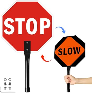 Stop Slow Sign with Metal Handle,12 x 12 inches Double Sided Stop Slow Sign, Light Weight Steel Hand Held Traffic Reflective Aluminum Crossing Guard Stop Sign, Easy to Mount