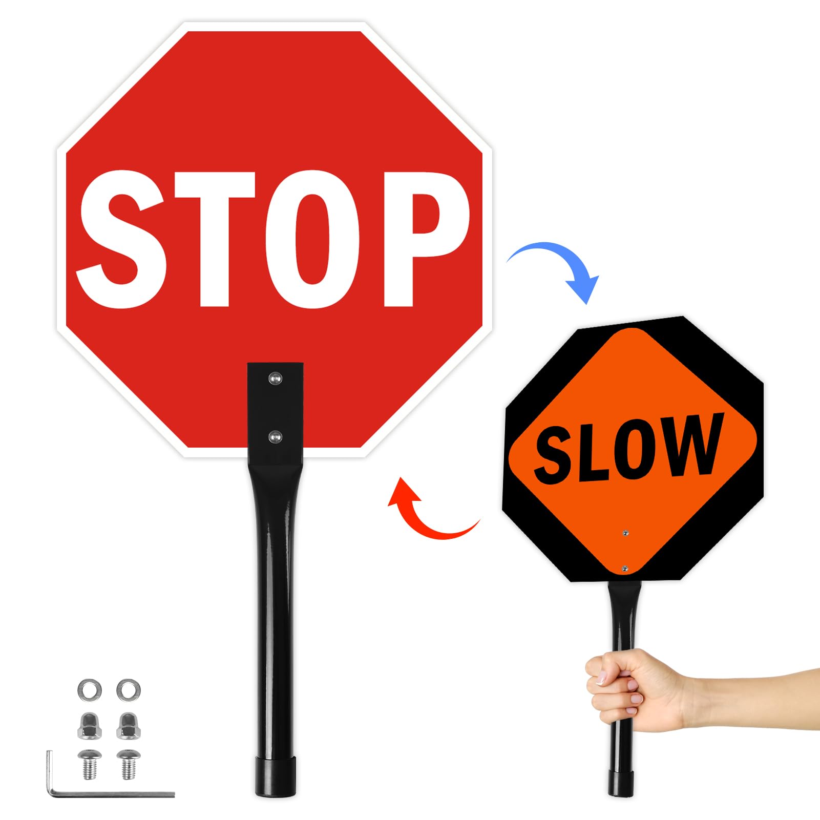 STOP ロードサイン Amazon.com: Stop Slow Sign with Metal Handle,12 x 12 inches Double