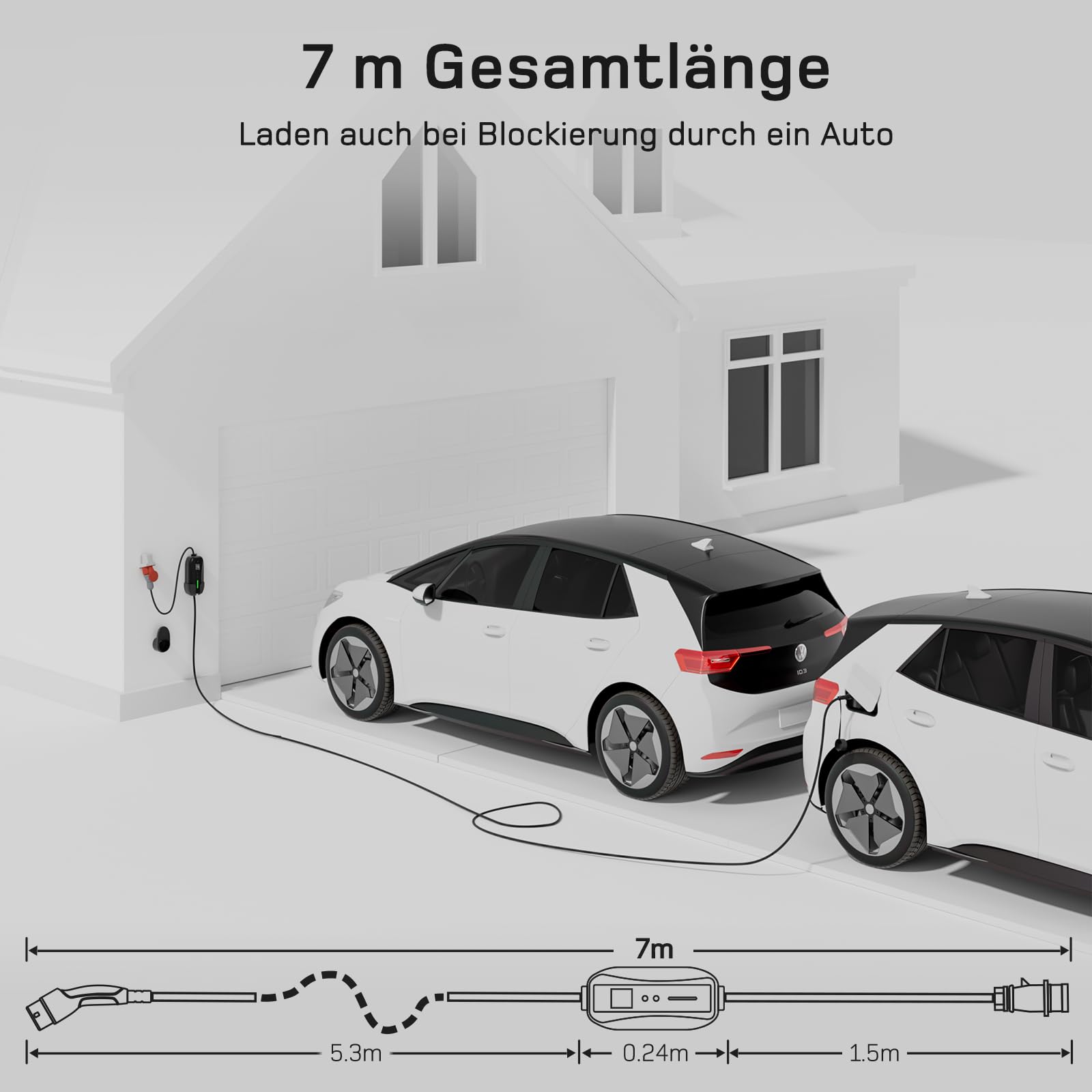 dé Mobile Wallbox/Ladestation 11kW [3-phasig|7m|6-16A] mit Einstellbarer Ladeleistung, Ladekabel CEE 16A auf Typ 2 und EV Ladegerät für Model Y/3, ID.3/4/5, MG4, EX30, e-up, e-tron, Zoe und andere EV