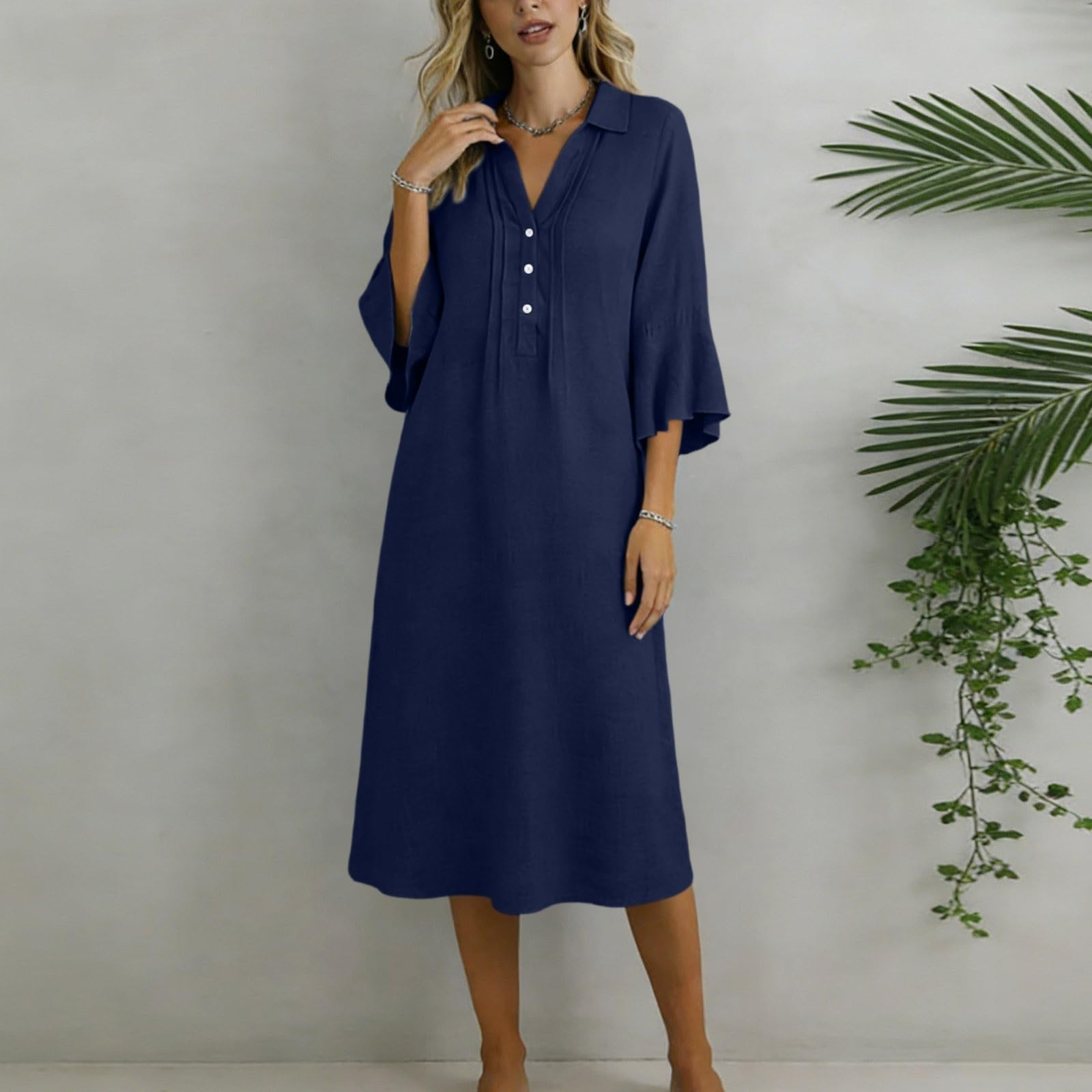 2026 Chemise décontractée à col cranté Manches Trois-Quarts Boutons Devant d'été Unie pour Femme Parfaite Quotidien idéale pour Les Vacances et Le Bureau