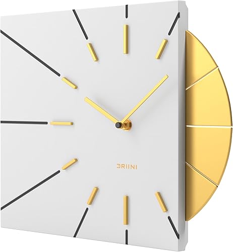 Driini Reloj de pared moderno de mediados de siglo, reloj cuadrado blanco con acento dorado decorativo, reloj único y fresco, funciona con pilas,