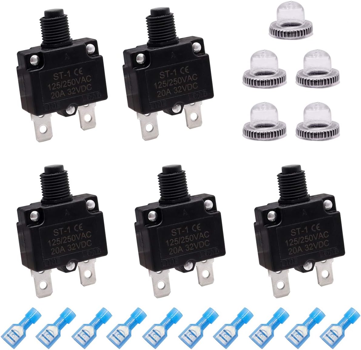 mxuteuk 5Pcs 20Amp Circuit Breakers Push Button Manual Reset 125/250V AC 32V DC,Overload Protector Switch Thermal Circuit Breakers with Quick Connect Terminals and Waterproof Button Caps ST1-5-20A