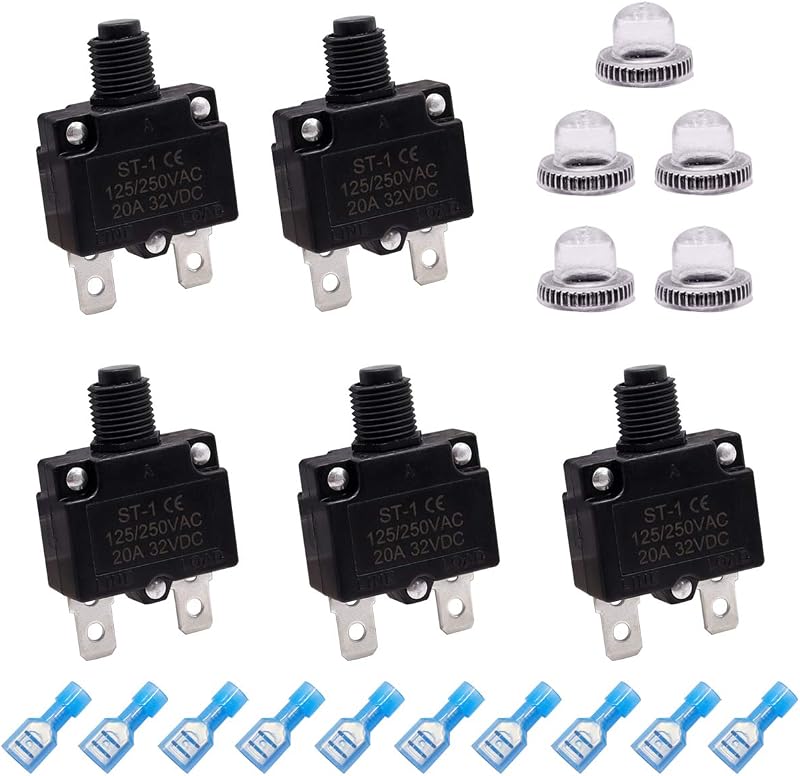 Disjuntor térmico unipolar mxuteuk 20 A com rearme por botão ST1-5-20A, 125/250 V AC e 32 V DC – Kit com 5 unidades