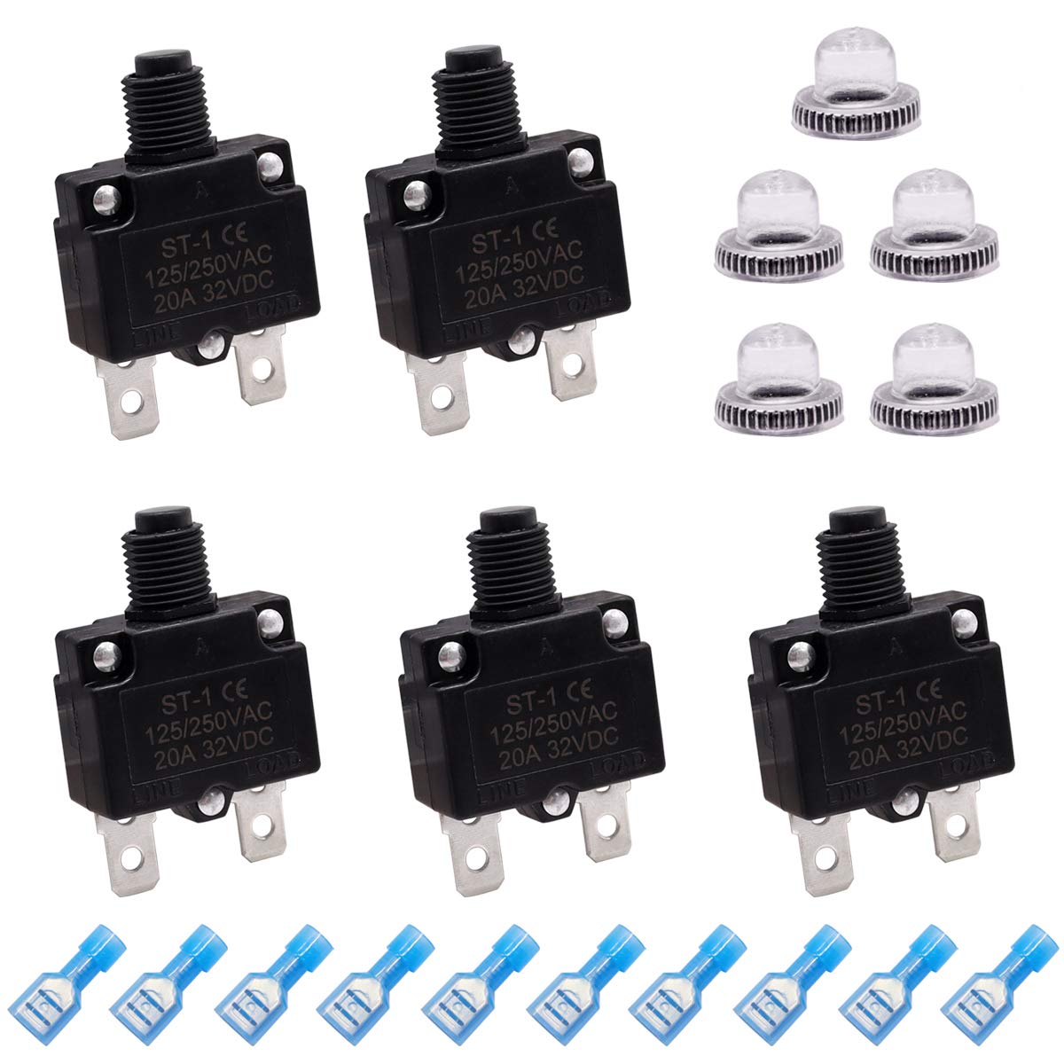 mxuteuk 5Pcs 3,5,10,15,20Amp Circuit Breakers Push Button Manual Reset 125/250V AC 32V DC,Overload Protector Switch Thermal Circuit Breakers with Quick Connect Terminals and Waterproof Button Caps — Amazon image 8