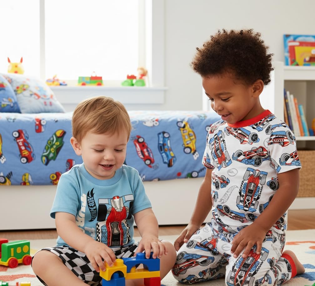 Hot Wheels 4 Piece Pajama Set - Toddler Boys Snug Fit PJ Set, Short Sleeve Shorts & Pants - Kids Sleepwear - Official License