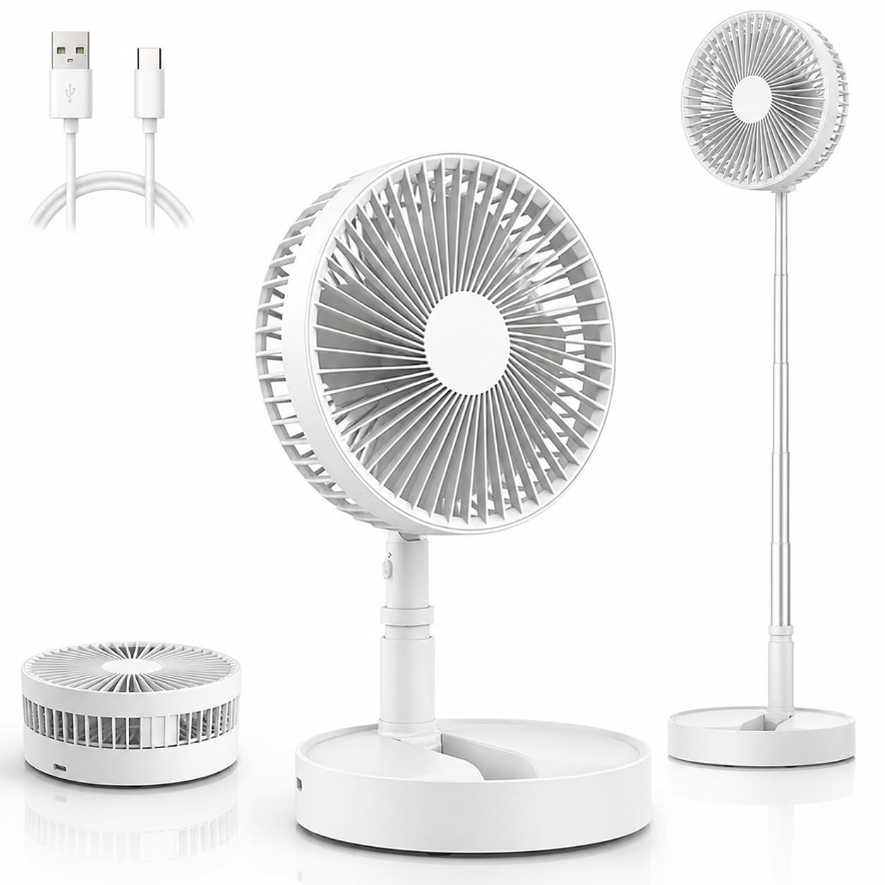 GALER Portable Standing Fan, Foldable Pedestal Fan with 4 Speed, Rechargeable Fan Cordless, 7200mAh Battery Operated Folding Desk Table Floor Fans for Bedroom Office Camping Travel, 8 Inch (White)