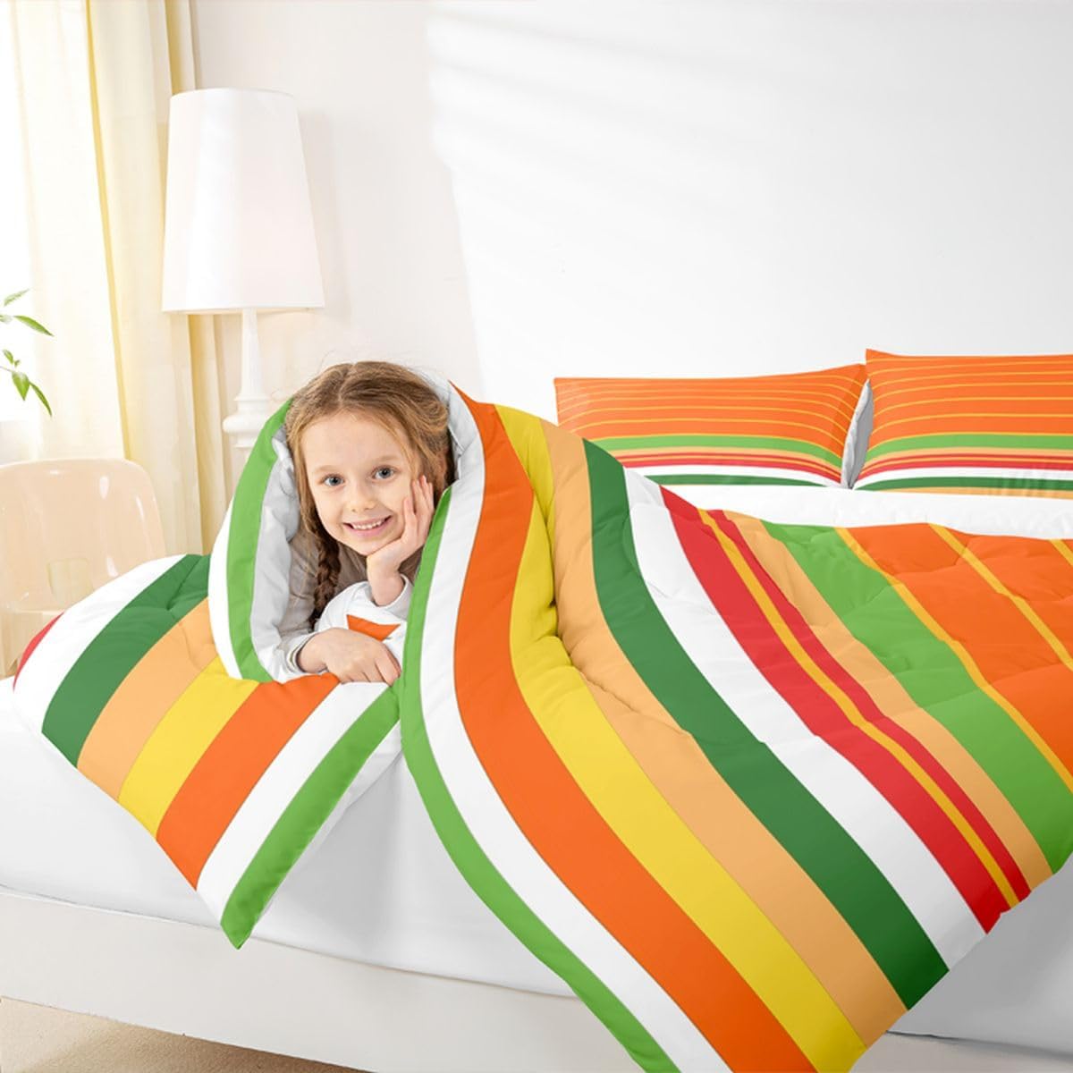 jejeloiu Orange Green Yellow Stripes Comforter Set Twin Size Geometric Bedding Set for Kids Boys Girls Modern Duvet Quilt Luxury Bedroom Decor Microfiber 2 Pcs with 1 Pillow Cases