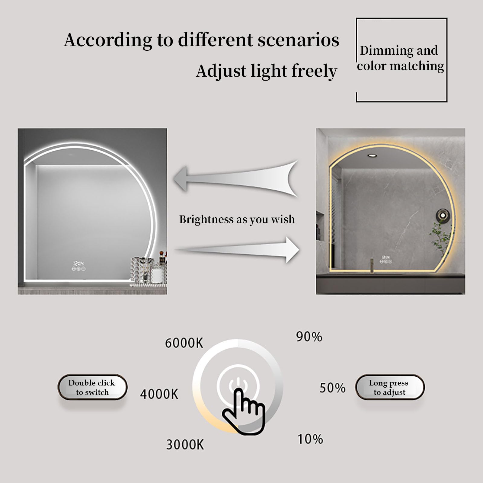 JSLJDM Specchio Bagno Retroilluminato,Specchio da Bagno,Specchio da Bagno Moderno Specchio da Bagno A Semicerchio con Taglio Sinistro/Destro,con Luci Specchio per Il Trucco Retroilluminato A LED