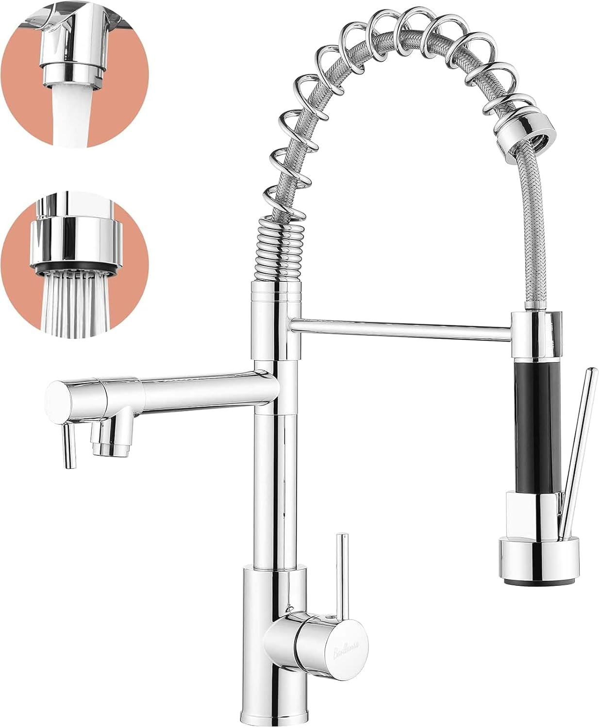 Kitchen Mixer Tap,High Arc Single Hole Kitchen Taps with Pull Out Sprayer,360° Swivel Two Spouts Spring Kitchen Sink Taps Mixer,Stainless Steel(Chrom)