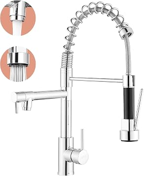 Kitchen Mixer Tap,High Arc Single Hole Kitchen Taps with Pull Out Sprayer,360  Swivel Two Spouts Spring Kitchen Sink Taps Mixer,Stainless SteelChrom