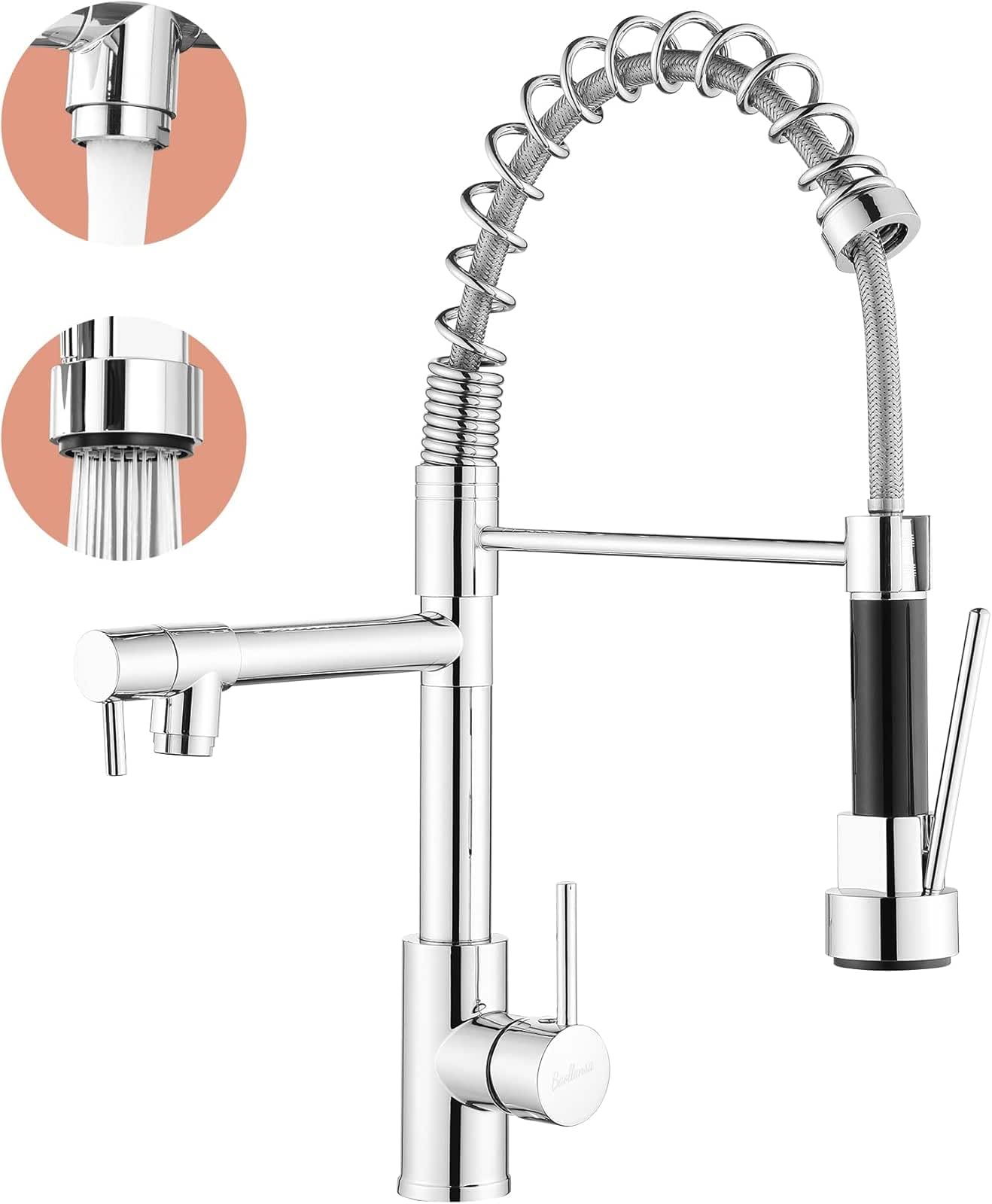 Kitchen Mixer Tap,High Arc Single Hole Kitchen Taps with Pull Out Sprayer,360° Swivel Two Spouts Spring Kitchen Sink Taps Mixer,Stainless Steel(Chrom)
