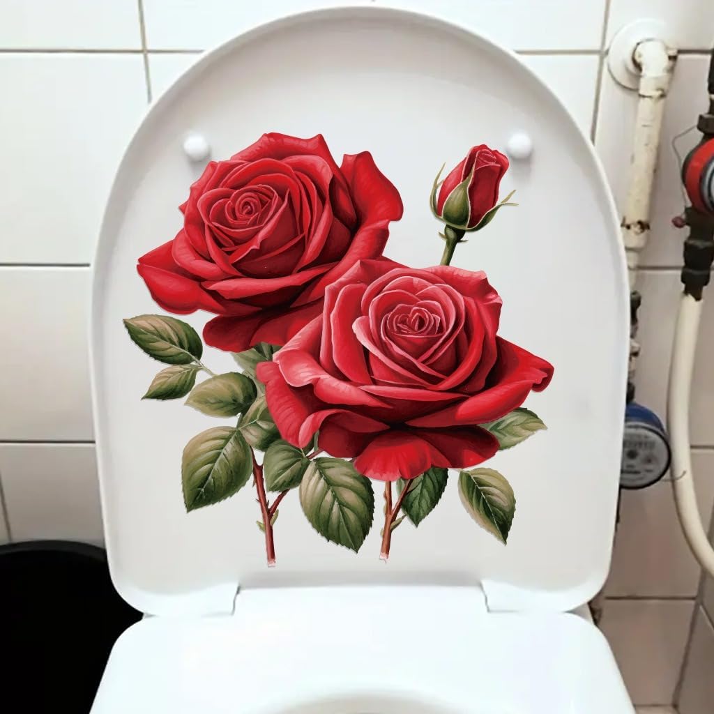 2pcs Vibrant Red Rose Toilet Stickers - Removable, Waterproof Wall Decals for Bathroom Decor Gift for New Home Sister's mom Teacher Decals for Bathroom Decor