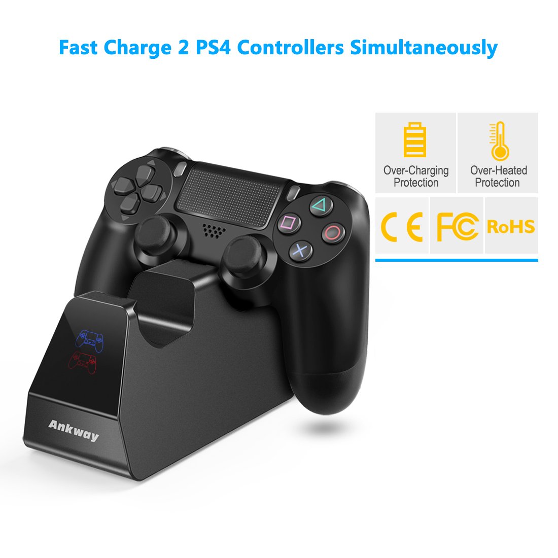 PS4 Controller Charger Ankway Dual Fast Charging Docking Station Stand with LED Charging Indicator PS4 Accessories for Playstation 4/PS4 Pro/PS4 Slim Controller