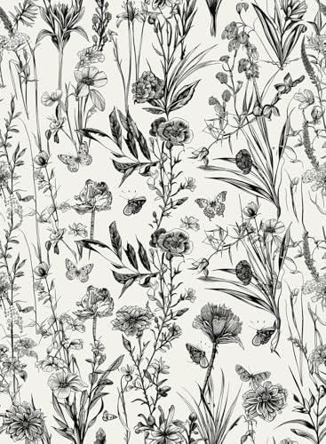 RANRAN Floral Peel and Stick Wallpaper, Black and White Wallpaper Self Adhesive for Bedroom Furniture Paper Removable Wall Decorations 17.3in x 236in（44 cm x 600 cm）