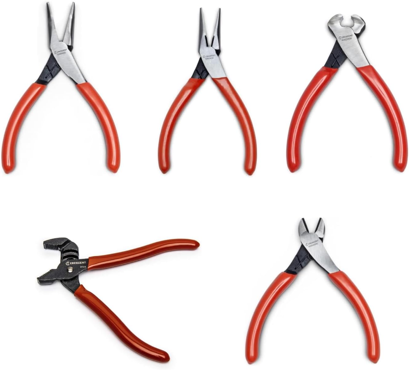 Crescent Mini Dipped Grip Pliers, 4.5" tongue and groove (RT24CVS-05), 5" long nose (5MLNDG), 5" bent nose (5MBNDG), 4" diagonal (4MDIAGDG), 4" end nipper (4MECNDG), 4" linesman (4MLMDG)