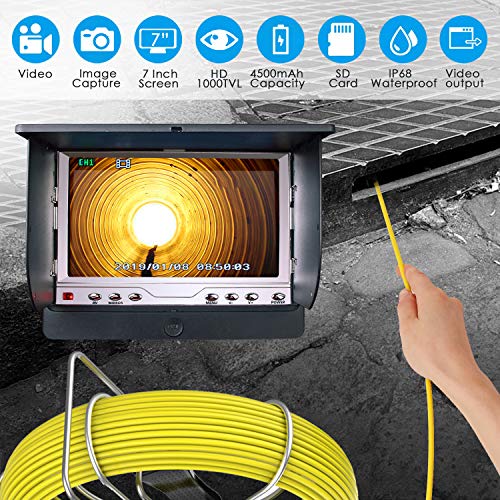 Sewer Pipe Inspection Camera, Anysun 50M/165ft Waterproof IP68 Plumbing Camera with DVR Recorder, Pipeline Drain Industrial Endoscope Snake Cam with 7 Inch LCD Monitor 1000TVL (Include 8GB SD Card) - Thumbnail 2