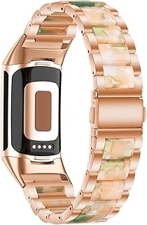 ahyao Edelstahl mit Halbtransparent Harz Armband für Fitbit Charge 6 / Charge 5, Einstellbar Ersatzarmband mit Faltschließe für Fitbit Charge 5 Aktivität Tracker (PinkGrün)