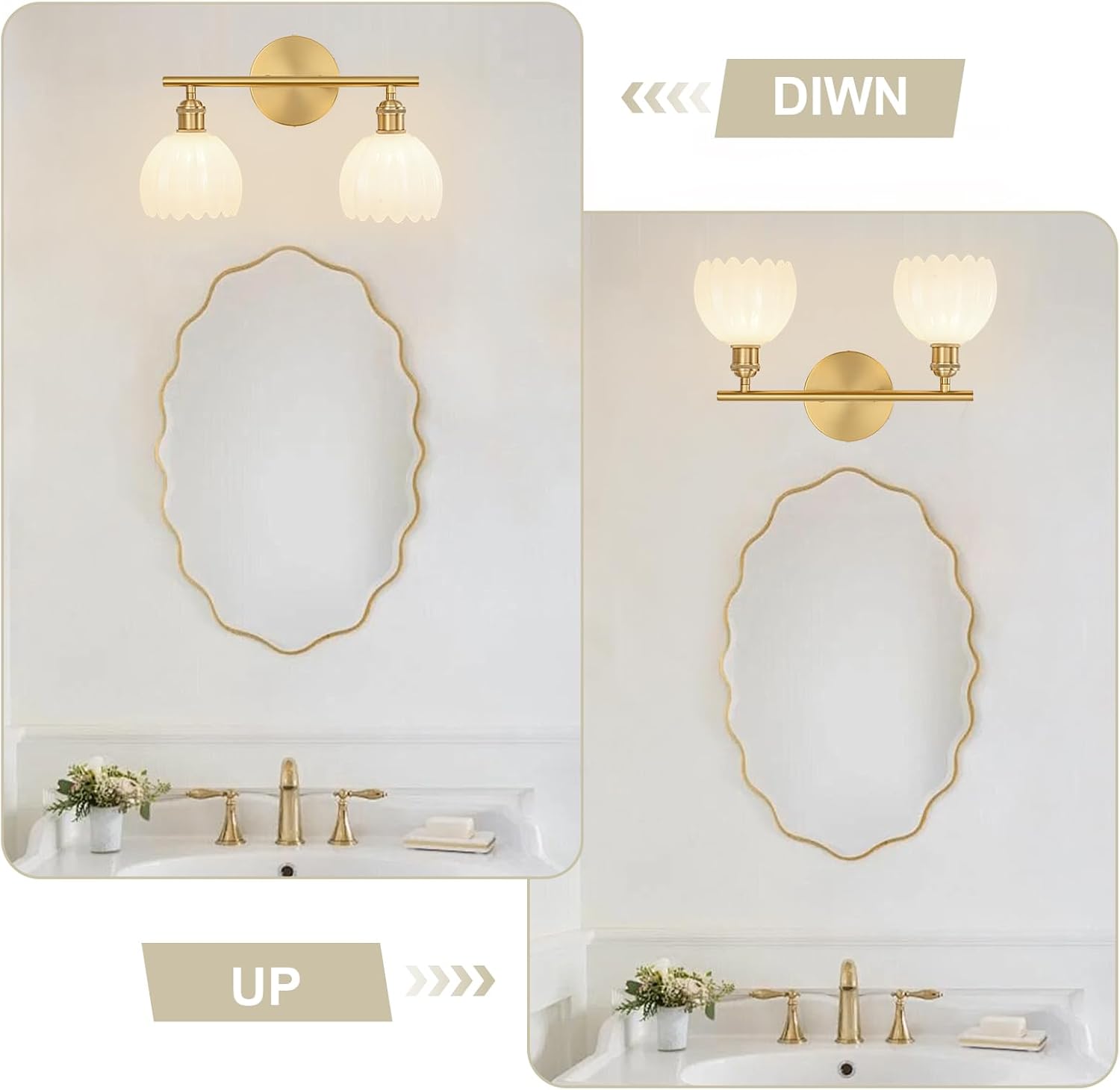 Gold Bathroom Light Fixtures Over Mirror, 2 Light Bathroom Vanity Light Fixture with Tulip Milk White Glass Lampshade, Vintage Vanity Lights for Bathroom, Bathroom Vanity Lights Over Mirror