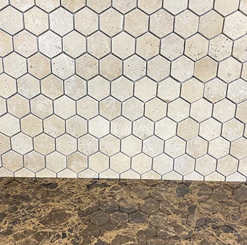 Ivory Light Travertine Tumbled 2 Inch Hexagon Mosaic Tile - Box Of 8 Sheets - 7 Sq. Ft. #TOP2