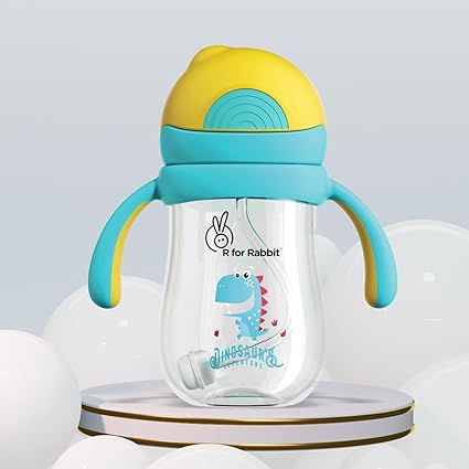 R for Rabbit Tritan Dino 320ml Baby Straw Sipper for Kids | Twin Handle Non Toxic BPA Free Soft Silicone Straw Sippy Bottle | Leak Proof Drinking Sippy Cup for 12+ Months Babies (Yellow Blue)