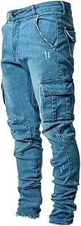 Generic Calças de ganga casuais modernas com bolsos retos com botões e fecho de correr, calças de ganga para homem, calças de cor sólida, jeans justos com bolsos laterais