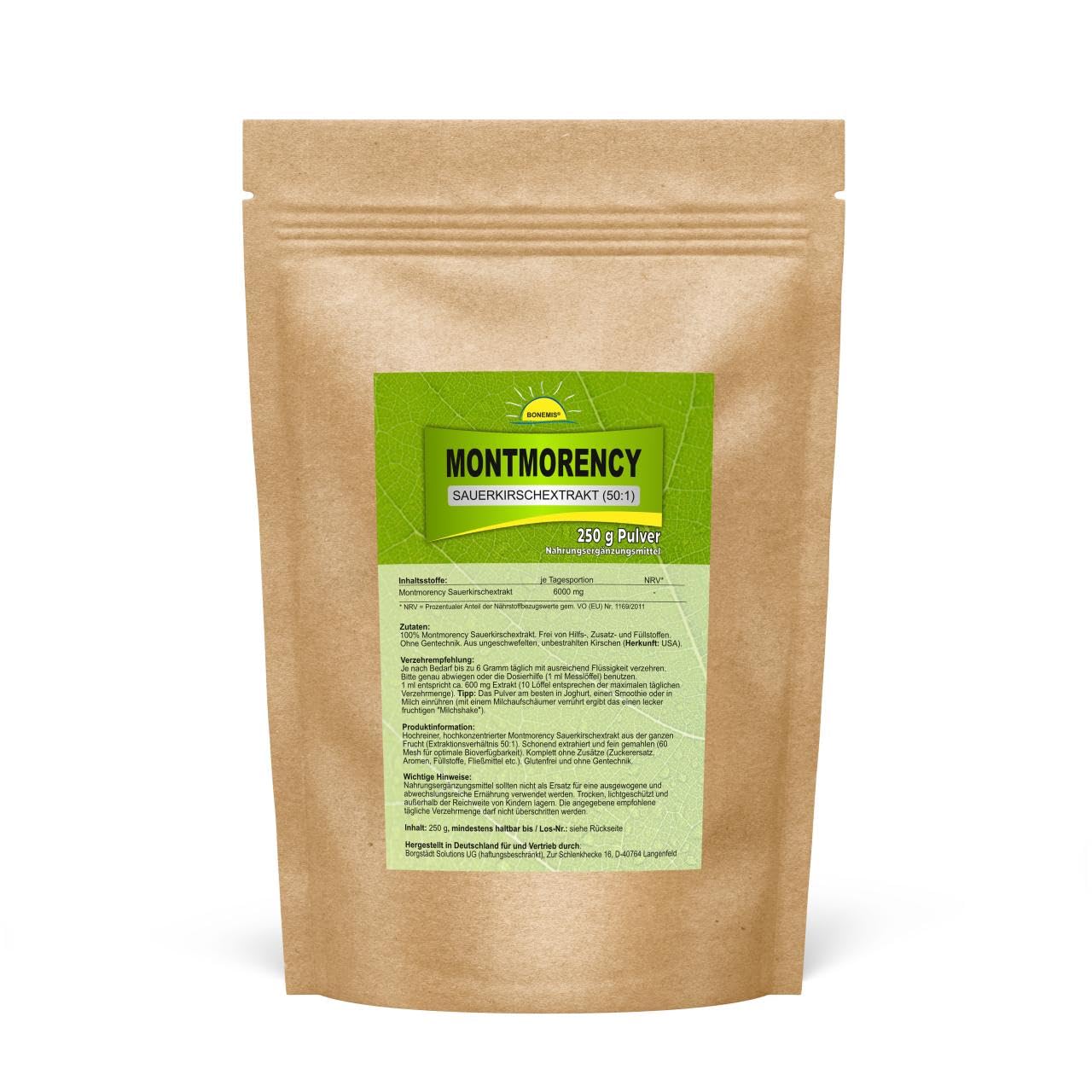 Montmorency Sauerkirschextrakt (50:1 hochdosiert), ohne Zusätze, 250 g veganes Pulver im Standbodenbeutel aus Kraftpapier (aluminiumfrei!), Bonemis®