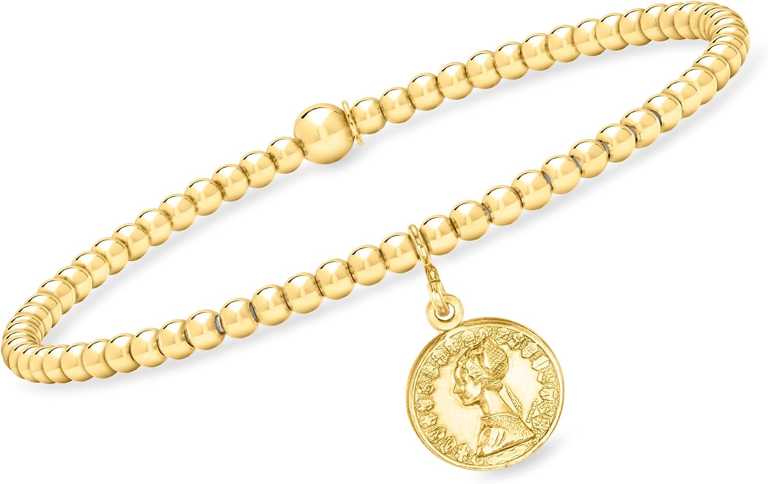 Pure Collection by Ross-Simons Italian 3mm 18kt Gold Vermeil Bead Stretch Bracelet With Replica Lira Coin Charm