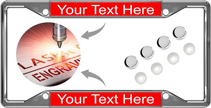 Personalized with Custom Text Design - 4 Hole Chrome Metal Laser Engraved US Standard Size - Car License Plate Frame with Free caps - Red/White Text Qty 1 Frame