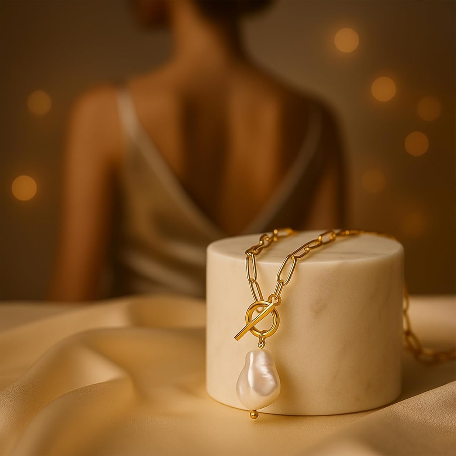 Pearl Gemstone Pendant Paperclip Toggle Necklace 18k Gold Plated Natural Pearl Stone Birthstone Chain Necklace Paperclip Jewelry Valentine's Day Gift for Women - Image 7