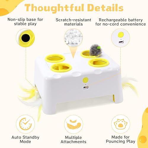 Miniatura 5 de Juguete interactivo para gatos de interior, juguete de plumas de 3 modos, juguete recargable de 4 agujeros, juguetes para gatos topo, caja de queso