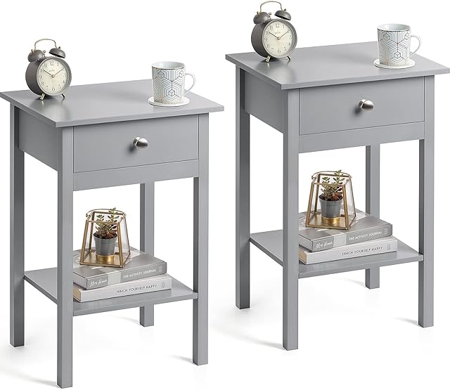 CHRISTOW Pair of Grey Bedside Table With Shelf & Drawer Bedroom Nightstand 60cm x 40cm x 30cm