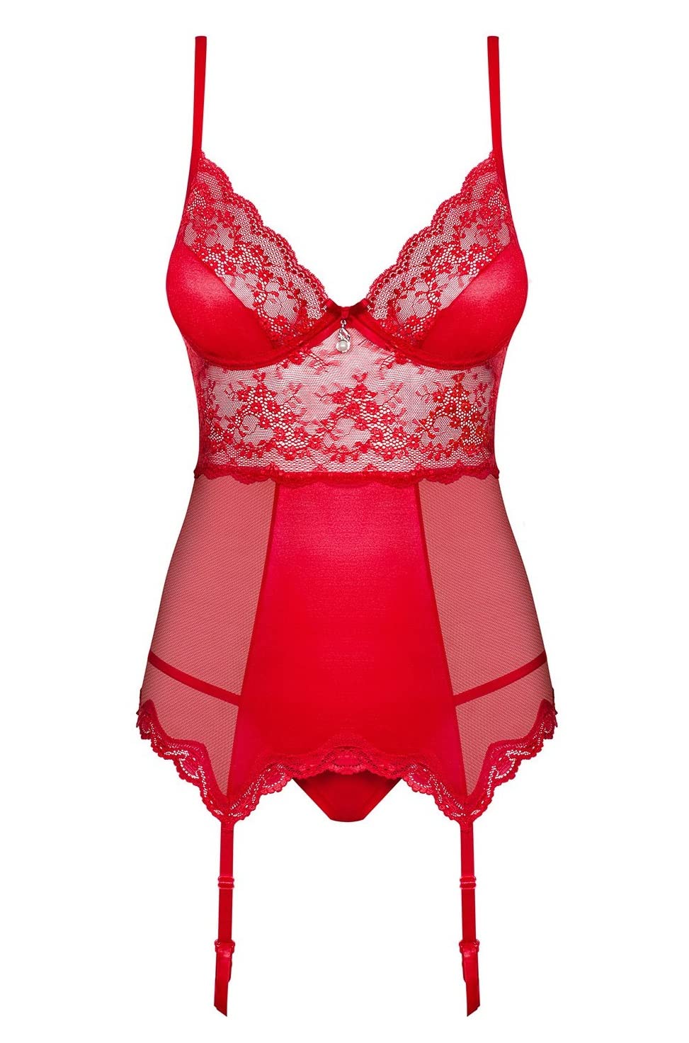 Selente Love & Fun - Conjunto de lencería para Mujer de 3 Piezas, diseño de corpiño con Ligas, Tanga y Venda de satén, Cuello Negro., S-M