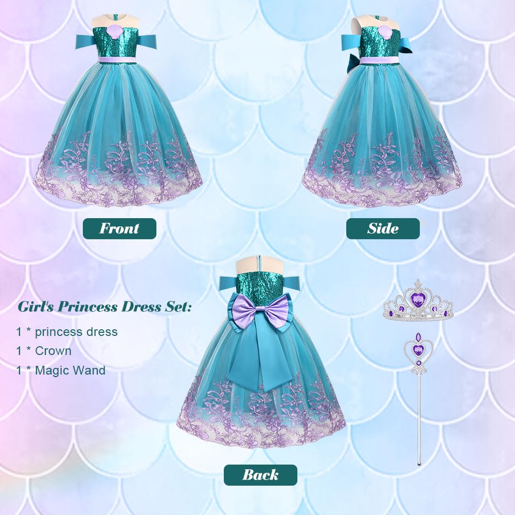 AOOWU Vestito Sirenetta Bambina, Sirena Principessa Vestito Costume con Parrucca, Vestiti Sirenetta Costumi Cosplay Sirena per Halloween, Natale, Cosplay, Compleanno