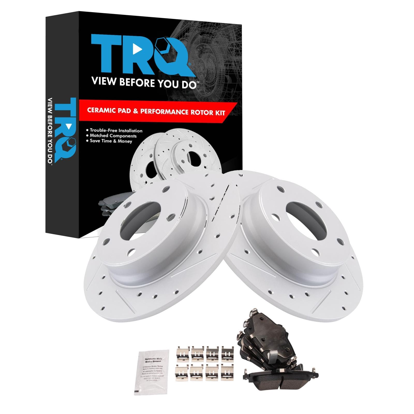 TRQ Performance Rear Brake Pad and Rotor Set Ceramic Coated Drilled Slotted Rotors Compatible with 2020-2022 Nissan Sentra