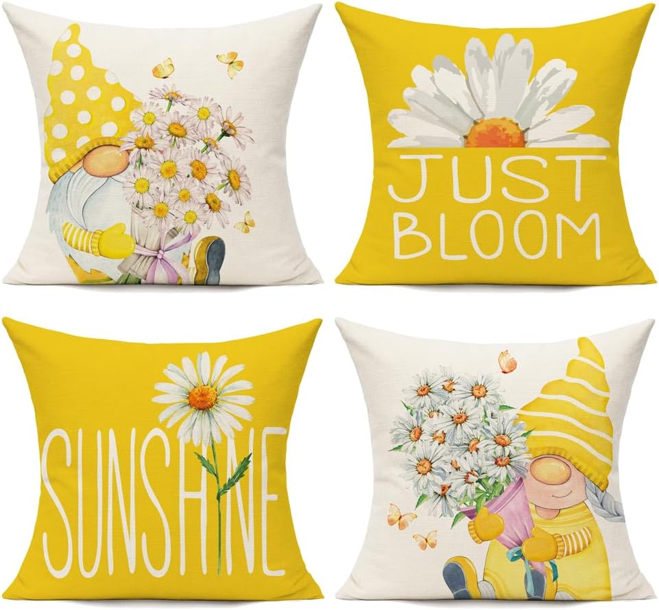 All Smiles Outdoor Yellow Throw Pillow Covers 26x26 Set of 4 Spring Summer Decorative Cushion Cases Home Décor Decorations for Patio Couch Chair Sofa,Daisy Floral Gnomes