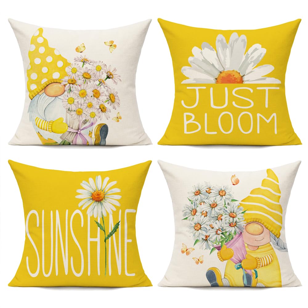 All Smiles Set di 4 federe decorative per cuscini da esterno, 66 x 66 cm, per primavera ed estate, decorazioni per la casa, per patio, divano, sedia, divano, margherita, gnomi floreali